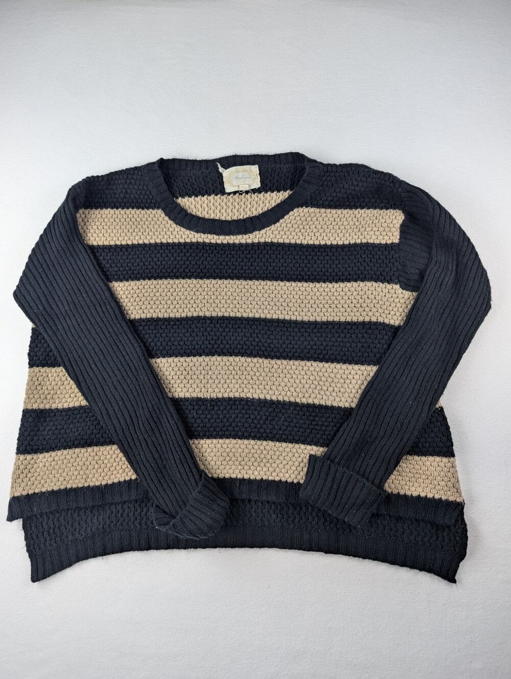 Ambiance Black Tan Striped Textured Knit Sweater Size L Oversized Cozy